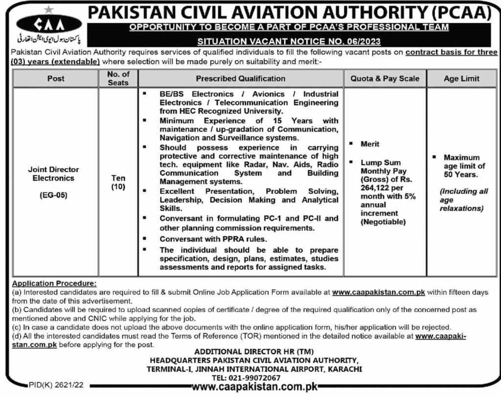 JOB OF JOINT DIRECTOR ELECTRONICS IN PAKISTAN CIVIL AVIATION AUTHORITY (PCAA) 2023