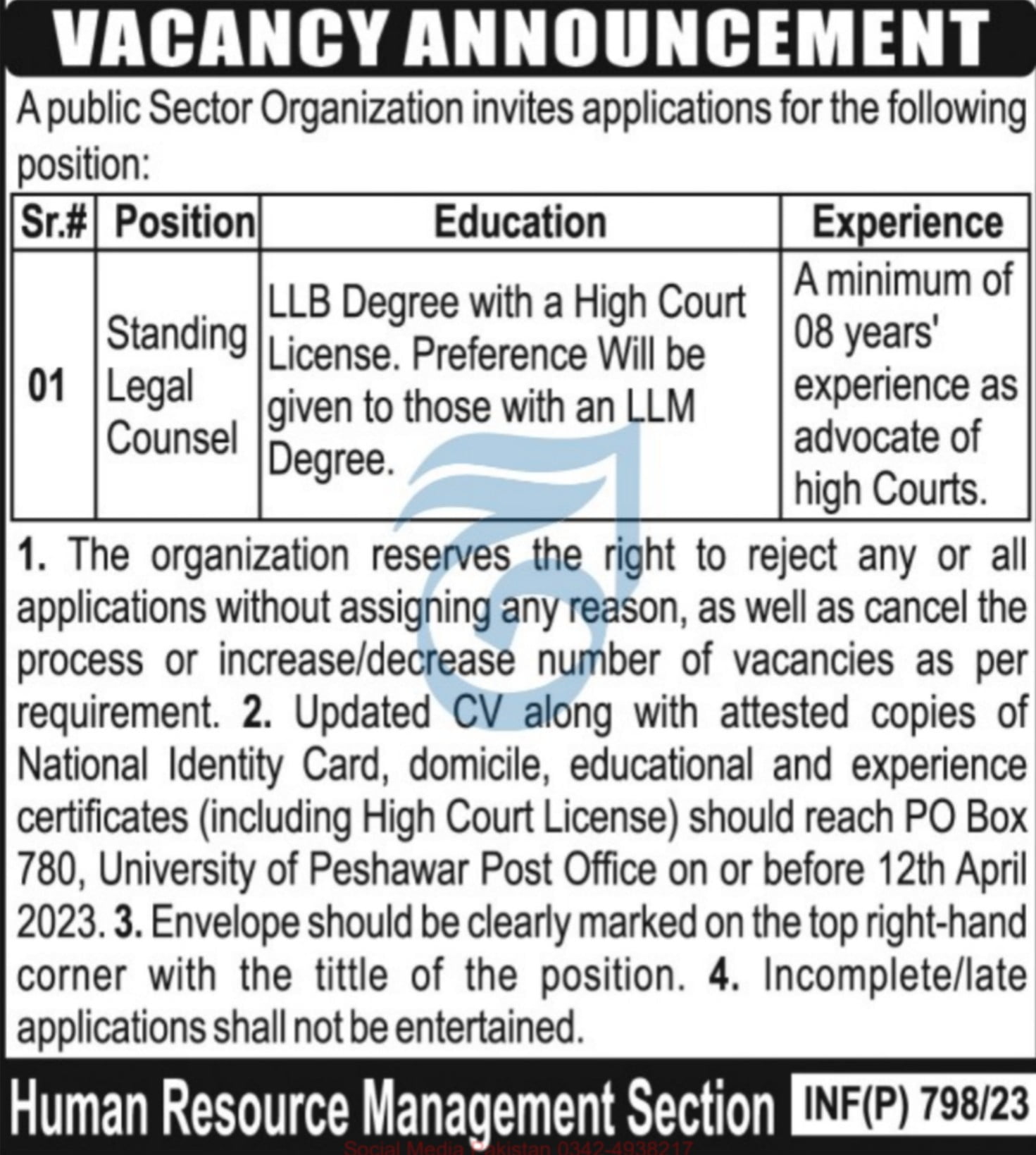 Latest Standing Legal Counsel job in Public Sector Organization in Peshawar 2023