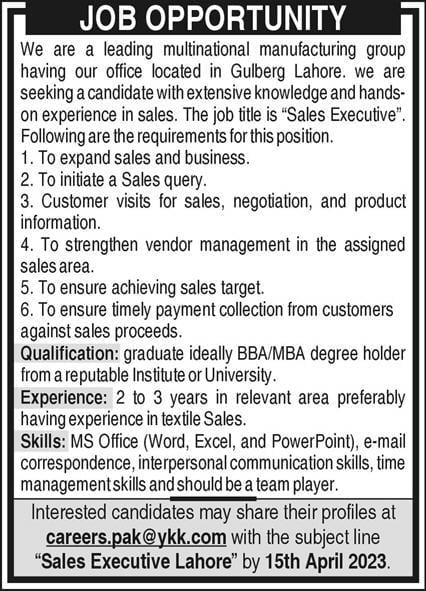 Latest job of Sales Executive in Lahore 2023