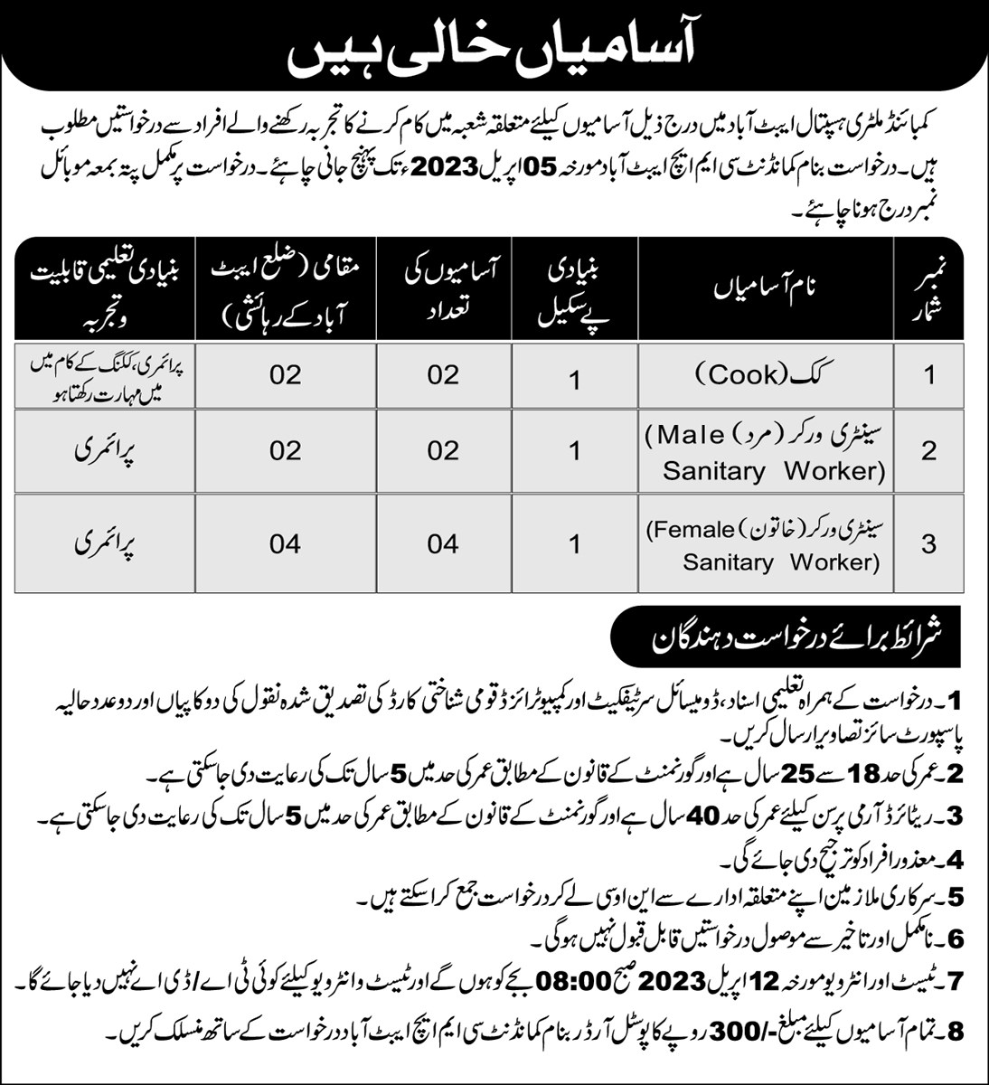 Latest jobs in CMH Abbottabad 2023