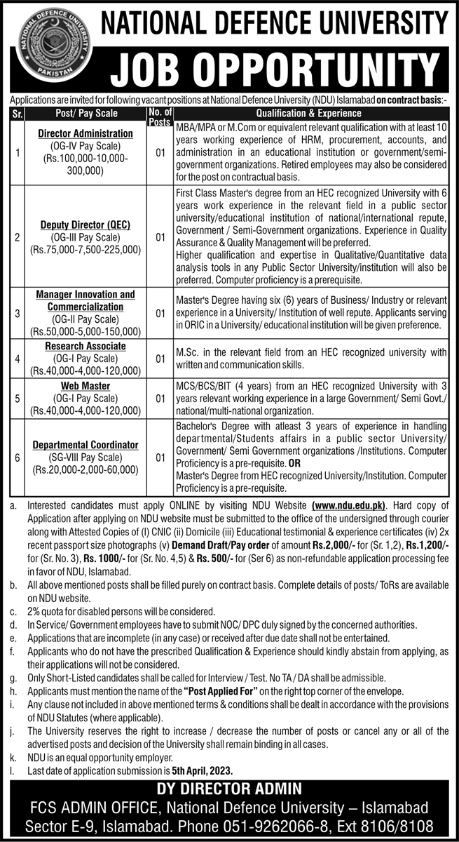 Latest jobs in National Defence University Islamabad 2023