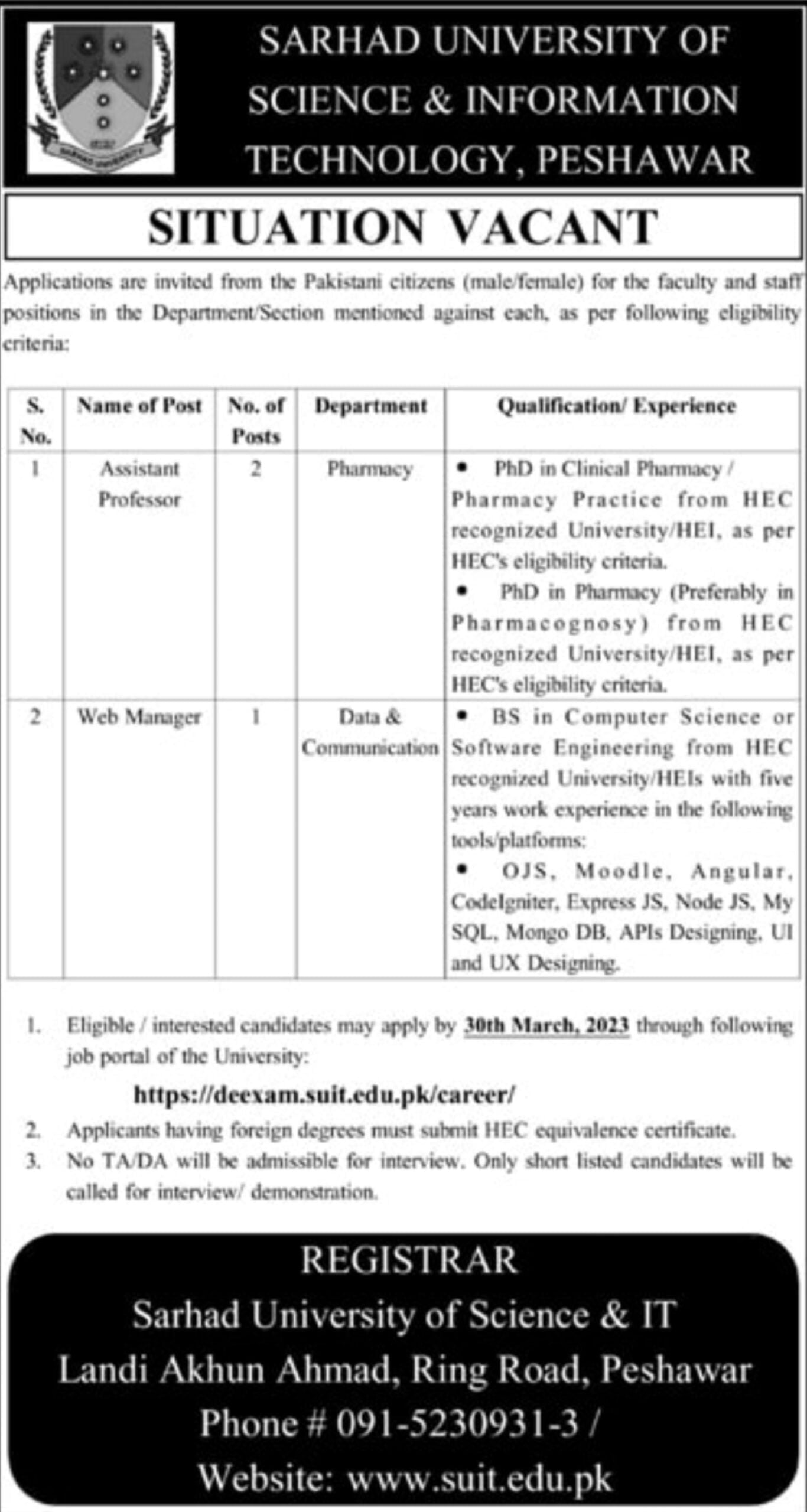 Latest jobs in Sarhad University of Science and IT Peshawar 2023