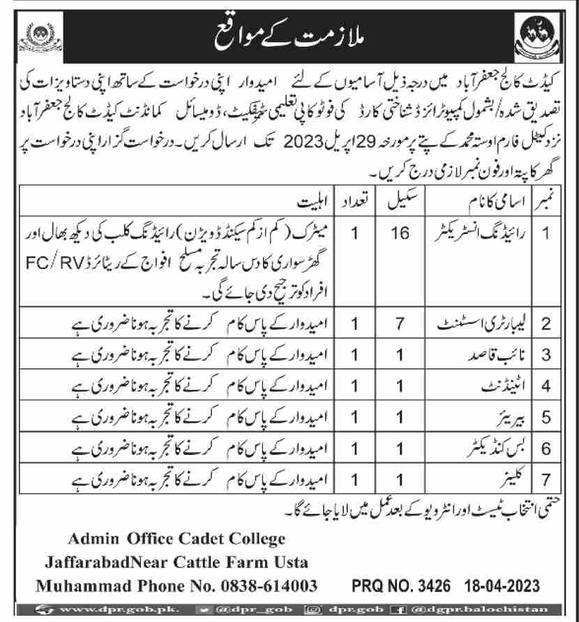 Jobs in Cadet College Jafferabad