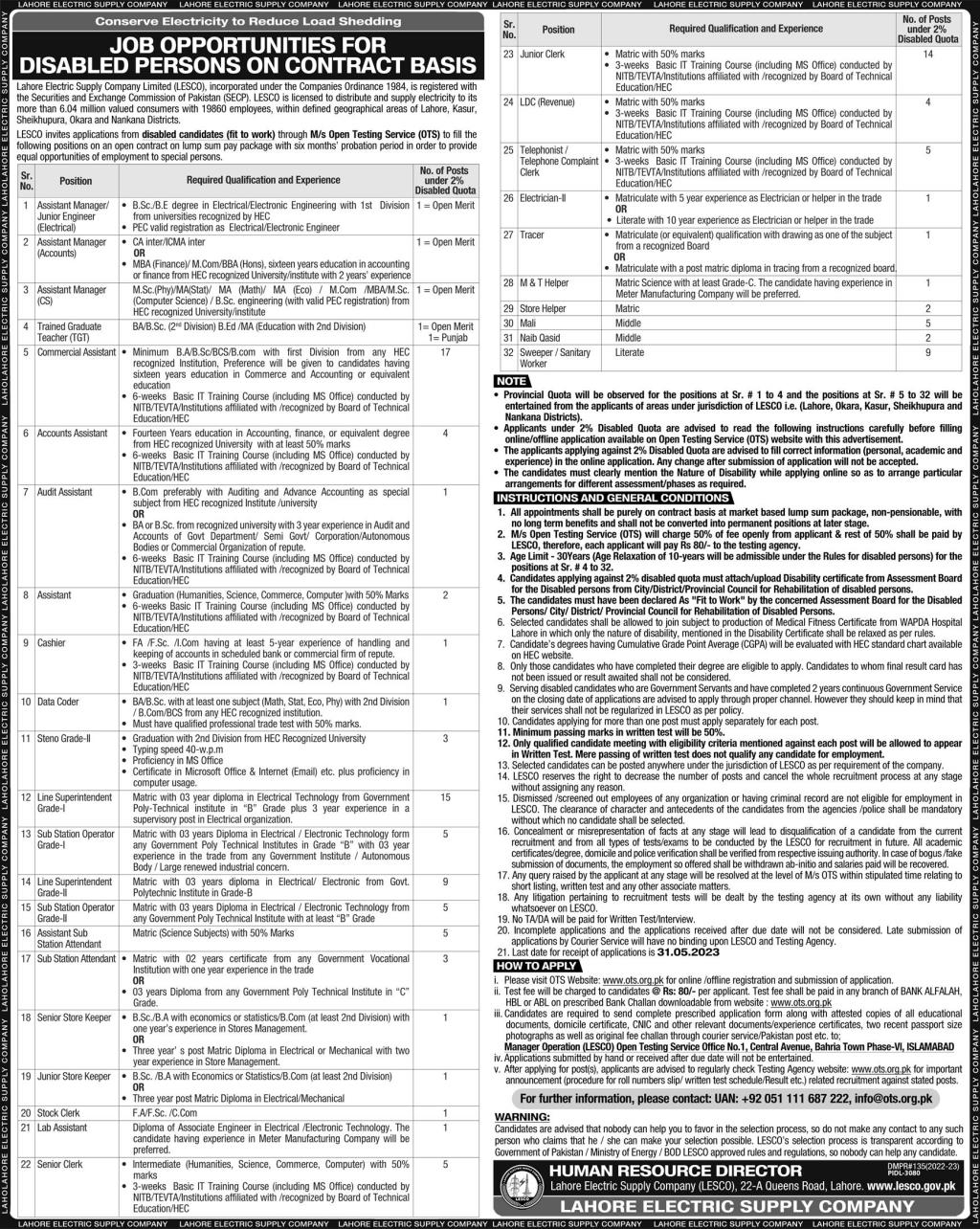 LATEST JOB IN LAHORE ELECTRIC SUPPLY COMPANY 2023