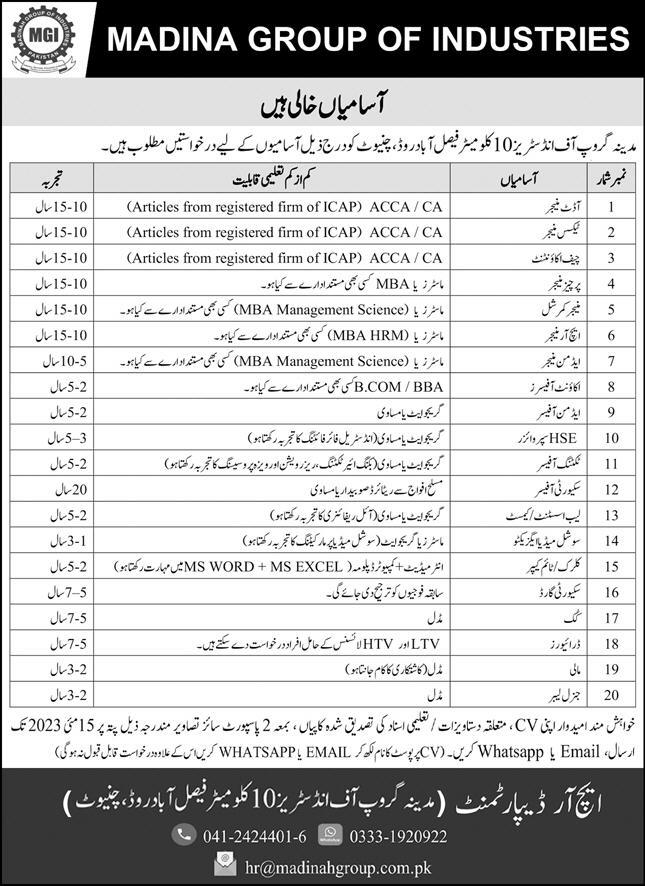LATEST JOBS IN MADINA GROUP OF INDUSTRIES IN PAKSITAN 2023